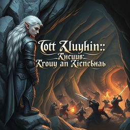 A snowy elf leaning against the wall of a cave, watching a fierce battle unfold in an underground dungeon from a high vantage point