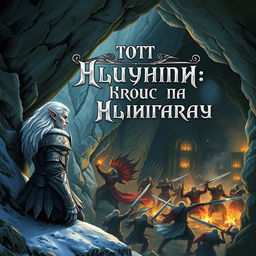 A snowy elf leaning against the wall of a cave, watching a fierce battle unfold in an underground dungeon from a high vantage point