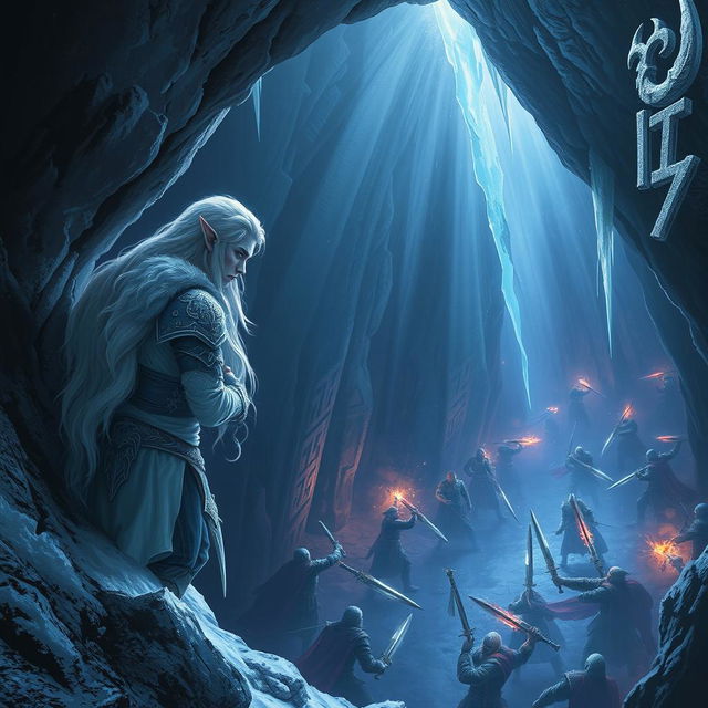 A snow elf leaning against the wall of a cave, gazing down from a high vantage point at a battle unfolding in a dark dungeon below