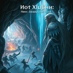 A snow elf leaning against the wall of a cave, gazing down from a high vantage point at a battle unfolding in a dark dungeon below