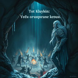 A snow elf leaning against the wall of a cave, gazing down from a high vantage point at a battle unfolding in a dark dungeon below