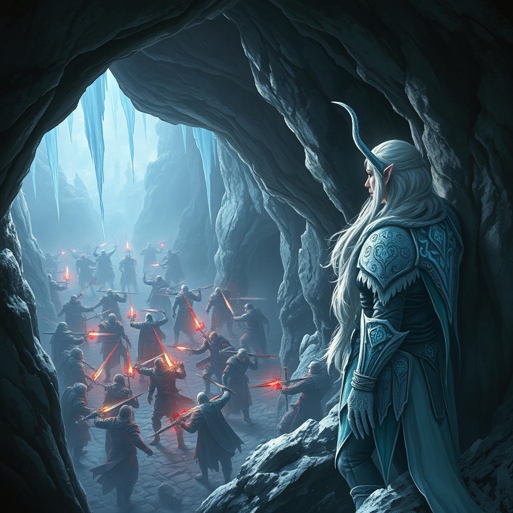 A snow elf leaning against the wall of a cave, gazing down from a high vantage point at a battle unfolding in a dark dungeon below