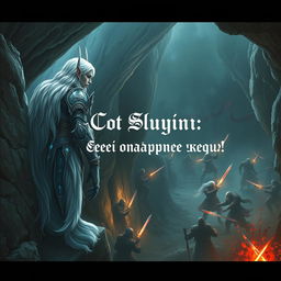A snow elf leaning against the wall of a cave, observing from a high ledge the intense battle occurring in the dark depths of a dungeon below