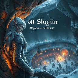 A snowy elf leaning against the wall of a cave, observing a fierce battle occurring in an underground arena