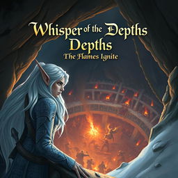 A snowy elf leaning against the wall of a cave, observing a fierce battle occurring in an underground arena