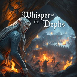 A snowy elf leaning against the wall of a cave, observing a fierce battle occurring in an underground arena