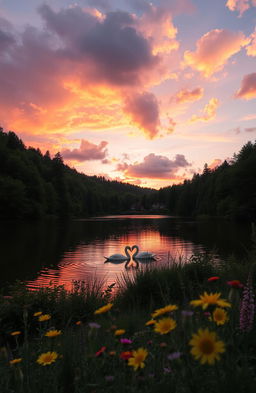 A beautiful sunset over a serene lake surrounded by lush green forests, reflecting vibrant hues of orange, pink, and purple in the water