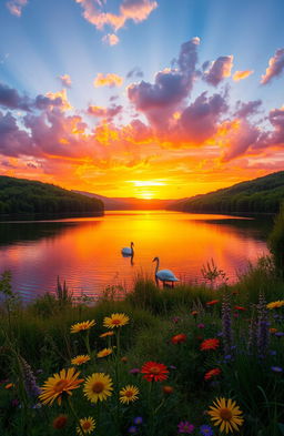 A beautiful sunset over a serene lake surrounded by lush green forests, reflecting vibrant hues of orange, pink, and purple in the water