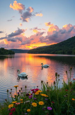 A beautiful sunset over a serene lake surrounded by lush green forests, reflecting vibrant hues of orange, pink, and purple in the water