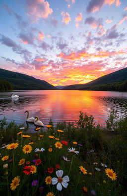 A beautiful sunset over a serene lake surrounded by lush green forests, reflecting vibrant hues of orange, pink, and purple in the water