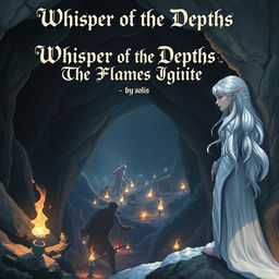 A snowy elf leaning against the wall of a cave, observing a battle unfolding in a dark underground dungeon below