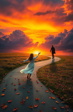 A surreal landscape depicting a person chasing a shadow on a winding path
