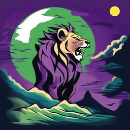 2D tattoo-style profile of a roaring lion with bright green eyes on a cliff, surrounded by a stormy purple night sky, a full moon, gusts of wind, black crows, and blue fire