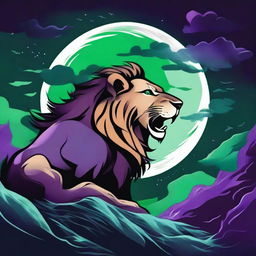 2D tattoo-style profile of a roaring lion with bright green eyes on a cliff, surrounded by a stormy purple night sky, a full moon, gusts of wind, black crows, and blue fire