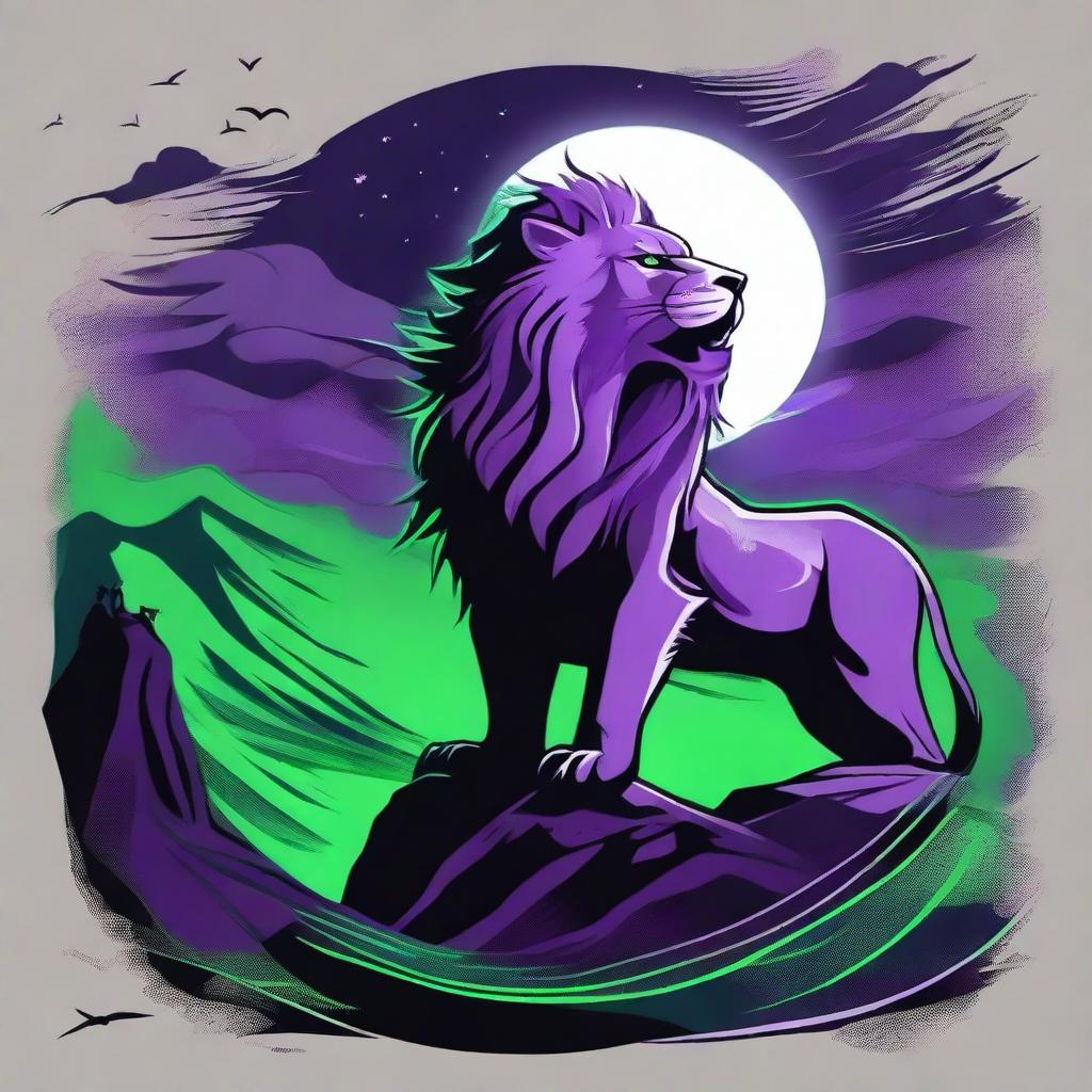 2D tattoo-style profile of a roaring lion with bright green eyes on a cliff, surrounded by a stormy purple night sky, a full moon, gusts of wind, black crows, and blue fire