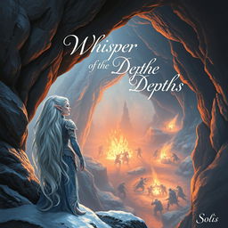 A snowy elf leaning against the rugged wall of a cave entrance, gazing down from a high vantage point at a fierce battle taking place in the depths of an underground dungeon