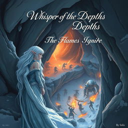 A snowy elf leaning against the rugged wall of a cave entrance, gazing down from a high vantage point at a fierce battle taking place in the depths of an underground dungeon
