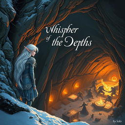 A snowy elf leaning against the rugged wall of a cave entrance, gazing down from a high vantage point at a fierce battle taking place in the depths of an underground dungeon