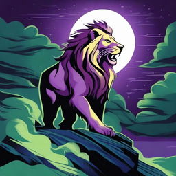 2D tattoo-style profile of a roaring lion with bright green eyes on a cliff, surrounded by a stormy purple night sky, a full moon, gusts of wind, black crows, and blue fire