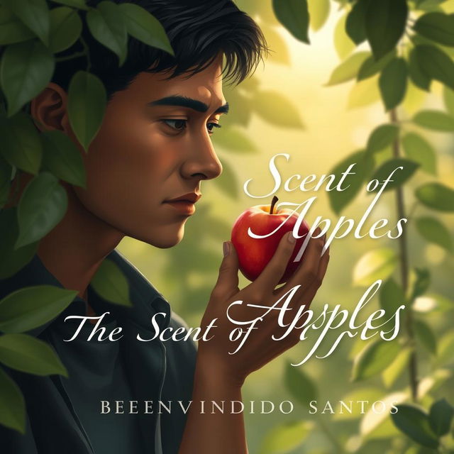 A thoughtful and reflective scene depicting a person, possibly the narrator from 'The Scent of Apples' by Bienvenido Santos, thoughtfully holding a fresh, vibrant apple in their hand