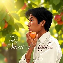 A thoughtful and reflective scene depicting a person, possibly the narrator from 'The Scent of Apples' by Bienvenido Santos, thoughtfully holding a fresh, vibrant apple in their hand