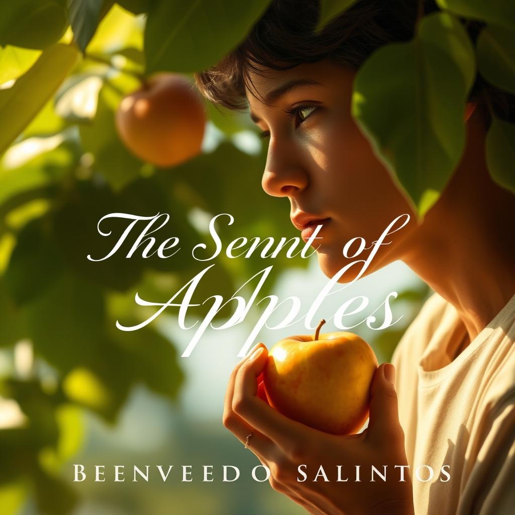 A thoughtful and reflective scene depicting a person, possibly the narrator from 'The Scent of Apples' by Bienvenido Santos, thoughtfully holding a fresh, vibrant apple in their hand