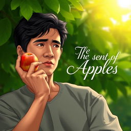 A thoughtful and reflective scene depicting a person, possibly the narrator from 'The Scent of Apples' by Bienvenido Santos, thoughtfully holding a fresh, vibrant apple in their hand