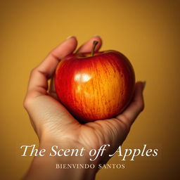 A close-up of a hand delicately holding a shiny, ripe apple, with a warm, soft focus background