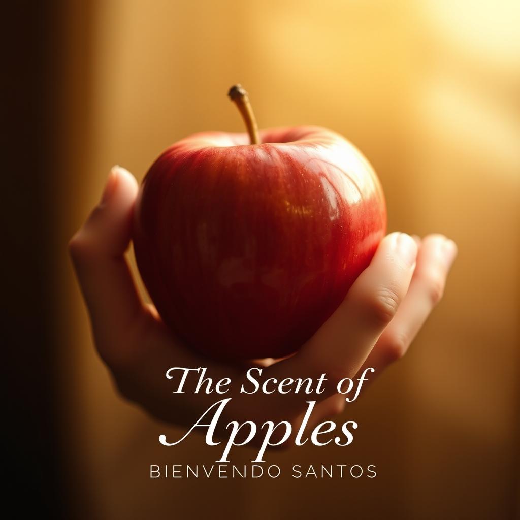 A close-up of a hand delicately holding a shiny, ripe apple, with a warm, soft focus background