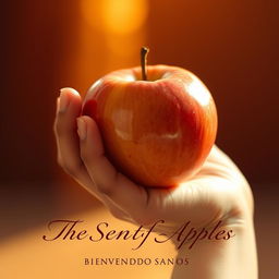 A close-up of a hand delicately holding a shiny, ripe apple, with a warm, soft focus background