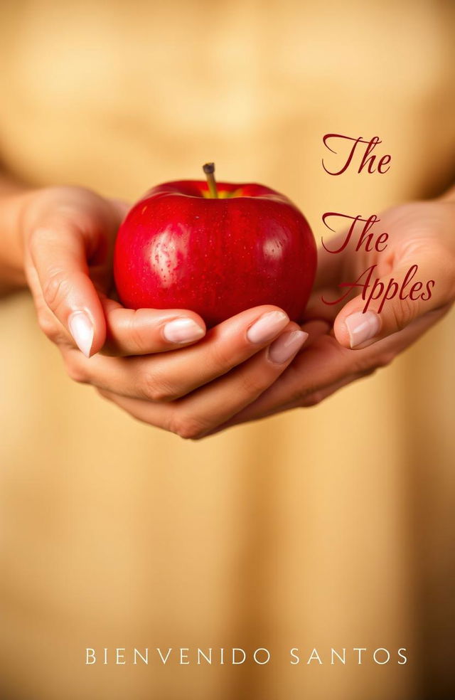 A close-up composition featuring two hands elegantly holding a fresh, red apple, symbolizing the essence of the story "The Scent of Apples" by Bienvenido Santos