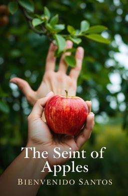 A close-up image of a hand gently holding a ripe, red apple, while another hand is positioned behind it, delicately touching green leaves of a vibrant tree