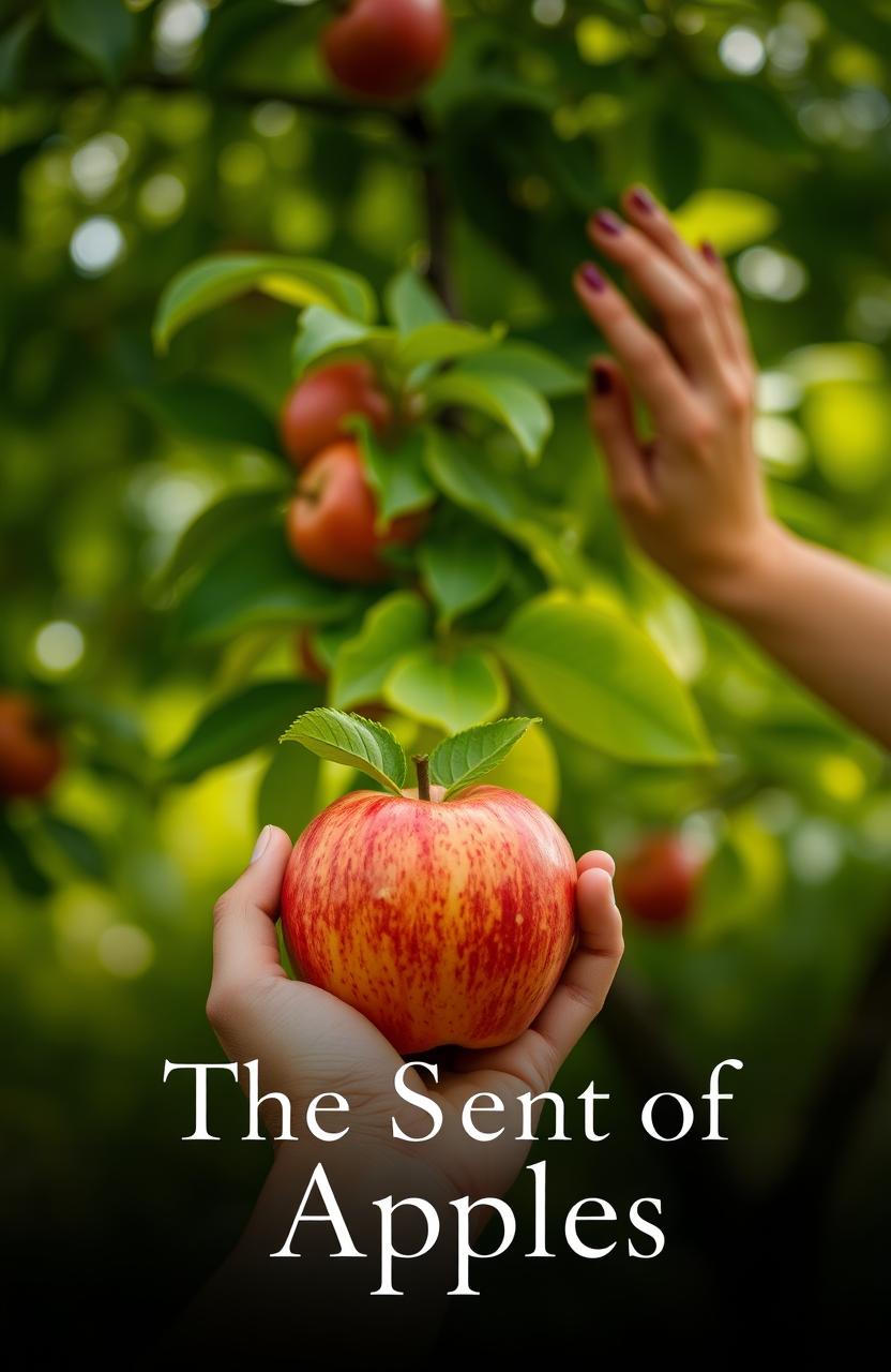 A close-up image of a hand gently holding a ripe, red apple, while another hand is positioned behind it, delicately touching green leaves of a vibrant tree