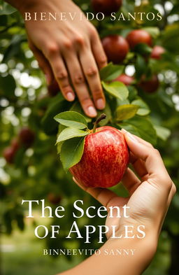 A close-up image of a hand gently holding a ripe, red apple, while another hand is positioned behind it, delicately touching green leaves of a vibrant tree