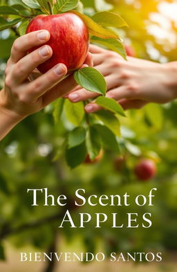 A close-up image of a hand gently holding a ripe, red apple, while another hand is positioned behind it, delicately touching green leaves of a vibrant tree