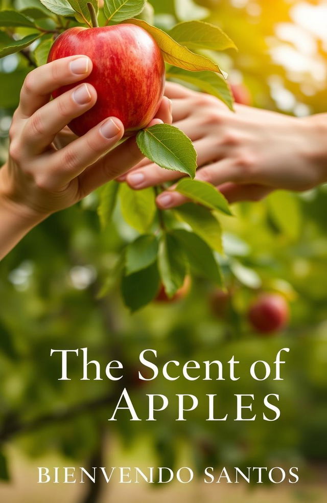 A close-up image of a hand gently holding a ripe, red apple, while another hand is positioned behind it, delicately touching green leaves of a vibrant tree