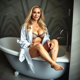 A confident woman in her 50s with long, flowing blonde hair and striking blue eyes, sitting casually on the edge of a chic bathtub in a luxurious bathroom