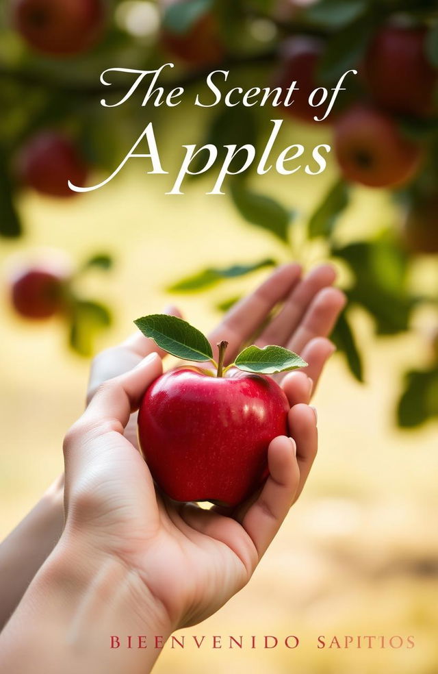 Aesthetic depiction of a hand gracefully holding a shiny red apple, with another hand in the background subtly holding green leaves, evoking a natural and serene atmosphere