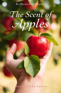 Aesthetic depiction of a hand gracefully holding a shiny red apple, with another hand in the background subtly holding green leaves, evoking a natural and serene atmosphere