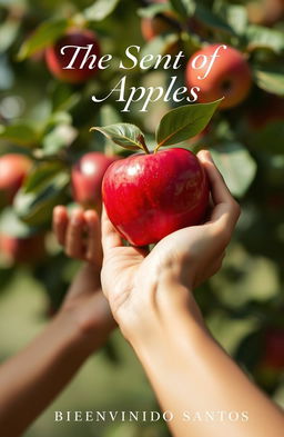 Aesthetic depiction of a hand gracefully holding a shiny red apple, with another hand in the background subtly holding green leaves, evoking a natural and serene atmosphere