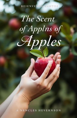 Aesthetic depiction of a hand gracefully holding a shiny red apple, with another hand in the background subtly holding green leaves, evoking a natural and serene atmosphere