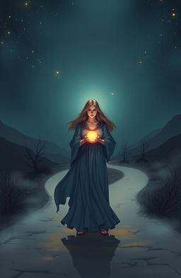 A captivating illustration that symbolizes feminine empowerment and mystery, featuring a strong, confident woman standing at a dimly lit crossroads under a starlit sky