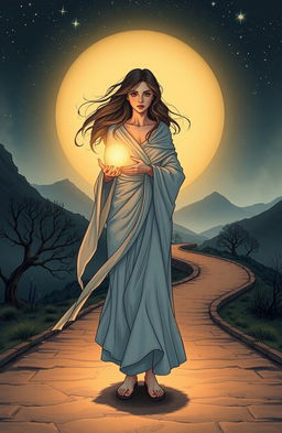 A captivating illustration that symbolizes feminine empowerment and mystery, featuring a strong, confident woman standing at a dimly lit crossroads under a starlit sky