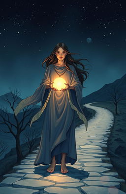 A captivating illustration that symbolizes feminine empowerment and mystery, featuring a strong, confident woman standing at a dimly lit crossroads under a starlit sky