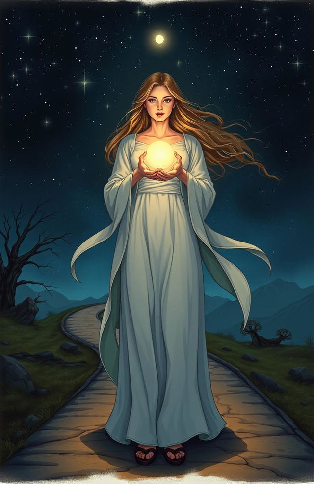 A captivating illustration that symbolizes feminine empowerment and mystery, featuring a strong, confident woman standing at a dimly lit crossroads under a starlit sky