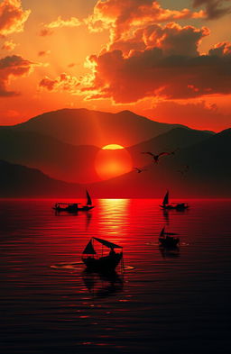 An artistic depiction of the Red Ocean (Lautan Merah) in Bandung, Indonesia, featuring vibrant red hues reflecting on water, lush green hills in the background, and a dramatic sunset casting warm golden light