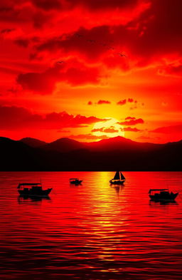 An artistic depiction of the Red Ocean (Lautan Merah) in Bandung, Indonesia, featuring vibrant red hues reflecting on water, lush green hills in the background, and a dramatic sunset casting warm golden light