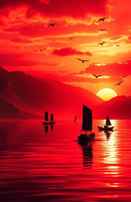 An artistic depiction of the Red Ocean (Lautan Merah) in Bandung, Indonesia, featuring vibrant red hues reflecting on water, lush green hills in the background, and a dramatic sunset casting warm golden light