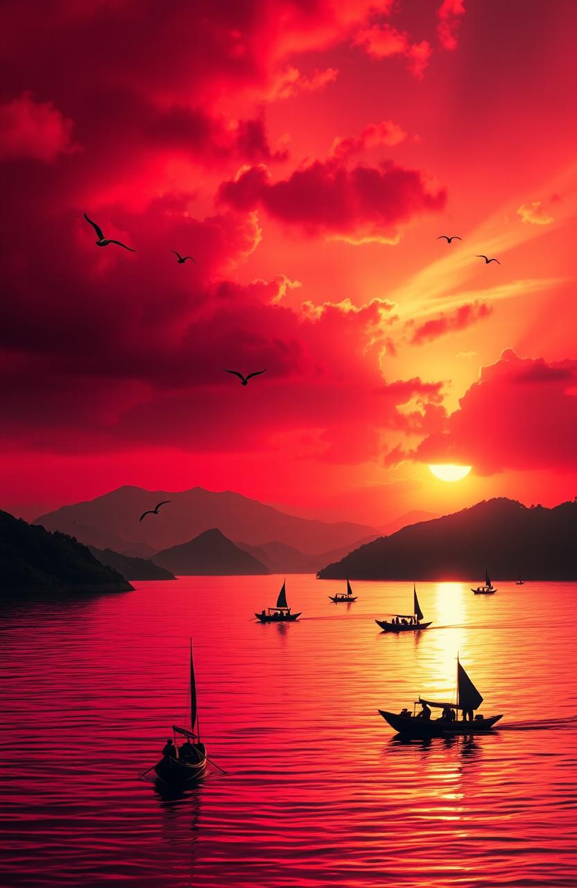 An artistic depiction of the Red Ocean (Lautan Merah) in Bandung, Indonesia, featuring vibrant red hues reflecting on water, lush green hills in the background, and a dramatic sunset casting warm golden light