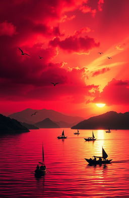 An artistic depiction of the Red Ocean (Lautan Merah) in Bandung, Indonesia, featuring vibrant red hues reflecting on water, lush green hills in the background, and a dramatic sunset casting warm golden light